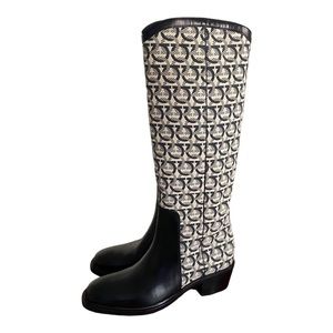 NIB Salvatore Ferragamo Brebbia Tall Riding Boots Logo Fabric Black Leather 9.5